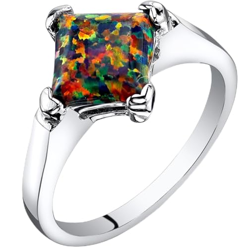 PEORA Created Black Fire Opal Classic Solitaire Ring for Women 925 Sterling Silver, 1 Carat Princess Cut 7mm, Size 9, Engagement, Promise, Anniversary Ring, w/Jewelry Box, Sparkling Jewelry