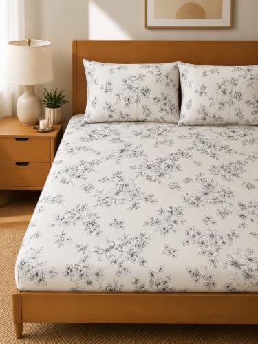 Image of 380 TC Premium Glace Cotton Elastic Fitted Bedsheet King Size with 2 Pillow Covers King Size | Double Bed with All Around Elastic (White Black, Fitted - Double72x72)