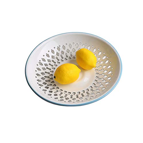 YumCute Home Vintage Look Enamel Vented Self-draining Bread Bowl Plate Rolls Fruit Bowl Enamelware Colander Stamped Metal White Light Blue Rim Country Primitive Kitchen Decoration Light Blue Rim