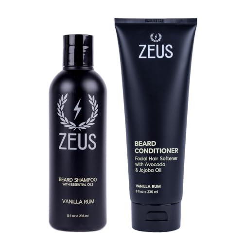 ZEUS Beard Wash Set for Men, Shampoo & Conditioner Duo with Green Tea & Essential Oils, Hydrates, Softens & Strengthens Beard Hair (Made in USA) Vanilla Rum