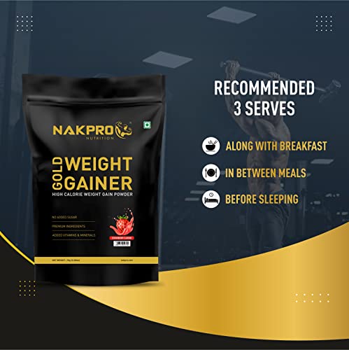 Image of NAKPRO GOLD WEIGHT GAINER | High Carbs & High Calorie | 12g Protein, 80g Carbs | Added Vitamins, Minerals & Digestive Enzymes | Easy Mixing, Easy Digesting Weight Gainer Powder for Men & Women | 3 Kgs (1 Kg*3 Nos) Strawberry Flavour (30 Servings)