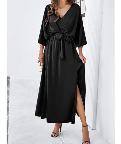 Image of SEMATOMALA Women's Satin Batwing Sleeve Cocktail Evening A Line Long Dress V Neck Ruched Loose Maxi Dress