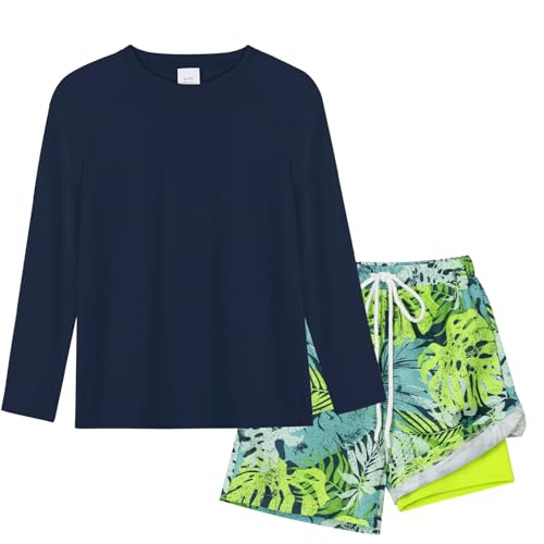 Valcatch Boys Swim Set Long Sleeve Rash Guard 2 Piece UPF 50+ Swim Shirt & Trunks with Compression Liner Kids Youth Swimsuits Navy