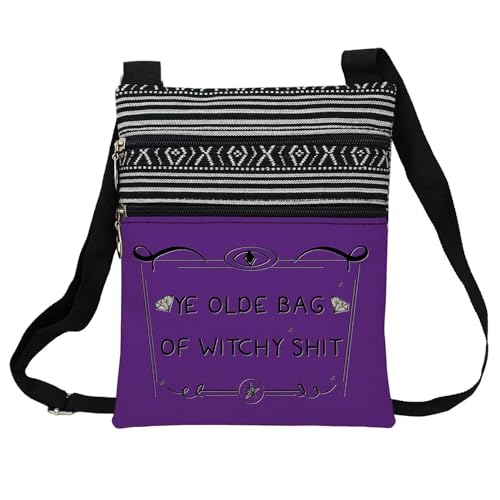 Purple Witch Messenger Bag Small Ethnic Pattern Printed Adjustable Strap Crossbody Zipper Bag Funny Slogan Phone Bag Wallet Cute Shoulder Handbag for Women