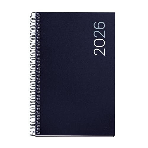 Miquelrius - Agenda 2026 día por página, Similar A6+ (117 x 182 mm), Cubierta flexible polipropileno, Espiral, Papel 80 g/m², Planificador diario, Español-EN-PT, Color azul marino