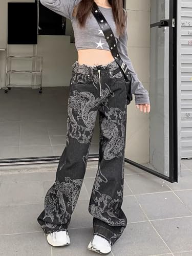 Y2K Dragon Print Denim Pants for Women - Goth Baggy Jeans Straight Leg Jeans with Pockets, Casual Streetwear2