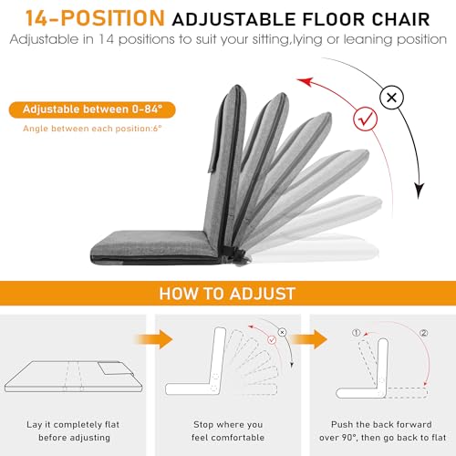 Image of FASTMOMENT Floor Chair with Back Support 14-Position Adjustable Floor Chair Portable Ground Seating for Adults & Kids Foldable Meditation Seat with Japanese KOYO Bearings & Washable Linen Cover (Grey)