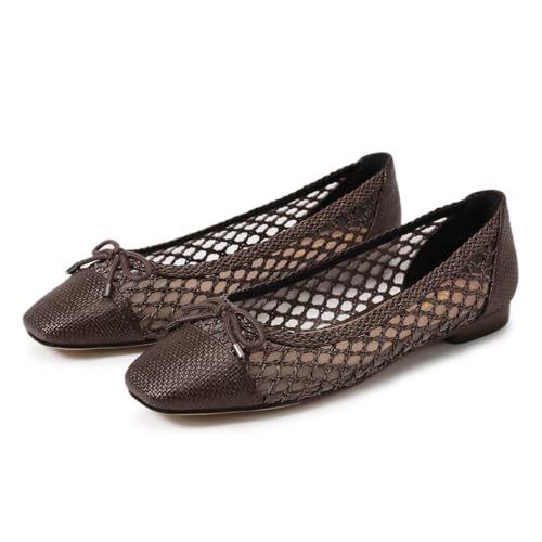 Tang'scuisins Women Cute BowMesh Slip on Ballet Flats Closed Square Toe Pumps Braid Casual Outdoor Daily Event Shoes Size 4-16 US
