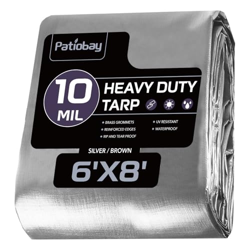 Patiobay Tarp 6x8 Feet 10 Mil Waterproof Tarps Heavy Duty with Grommets Every 23.6 Thick Plastic Tarp UV Resistant Tear&Fade Resistant Reinforced Edges for Outdoor Pool Camp Tent