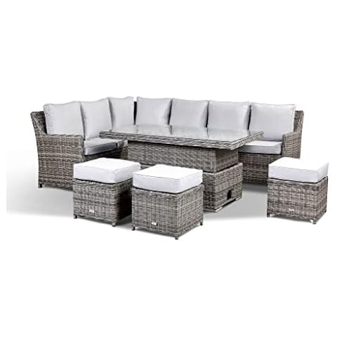 Rattan Republic Imola Corner Sofa with Rising Table and 3 Stools in Grey Cover