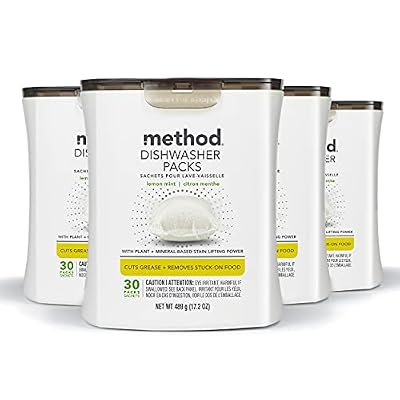 Method Dishwasher Detergent Packs, Lemon Mint, Dishwashing Rinse Aid to Lift Tough Grease and Stains, 30 Dishwasher Tabs per Package, (Pack of 4)
