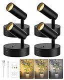 Kabellose Spotlight Aufladbar Wandstrahler Innen mit 3000mAh Akku, 3 Farben Dimmbar Wandspot mit Timing Fernbedienung, Schwarz Akku Wandleuchte für Bilderbeleuchtung Pflanzenbeleuchtung [4er Set]