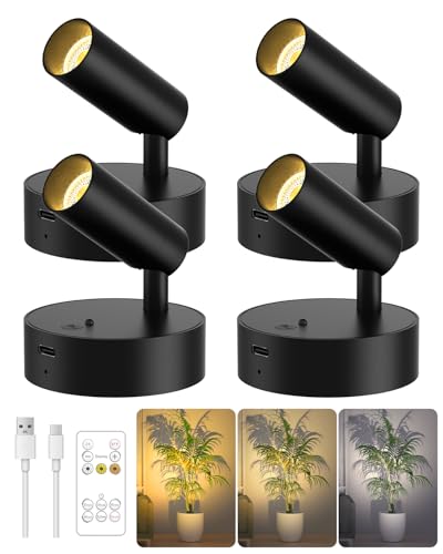 Faretto da parete senza fili, ricaricabile, per interni con batteria da 3000 mAh, 3 colori, dimmerabile, con telecomando temporizzante, colore nero, lampada da parete per illuminazione di piante, set