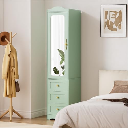 JanflyHome Armoire Wardrobe Closet, 69.5" H Wood Bedroom Armoires Cabinet with Mirror Door and 3 Drawers, Green Clothing Storage Cabinet with Sensor Light & Hanging Rod for Bedroom-Left