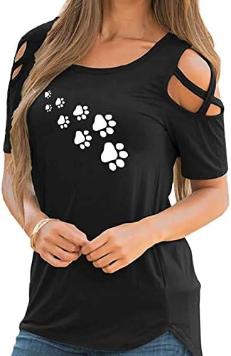 Rfecccy Women's Dog Paw Print Cold Shoulder Short Sleeve T Shirts Crew Neck Tops