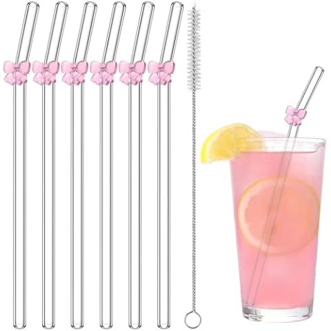 LOYIM 6 Pcs Reusable Glass Straws with 1 Cleaning Brushes Pink Bow Glass Straws Shatter Resistant Glass Straws Coquette Party Decor Bow Party Pretty Bachelorette Decor Bridal Engagement Drinkware Cover