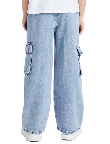 Happy Cherry Kid Boy Elastic Waist Denim Jeans Full Length Baggy Pants Wide-Leg Loose Cargo Jeans2