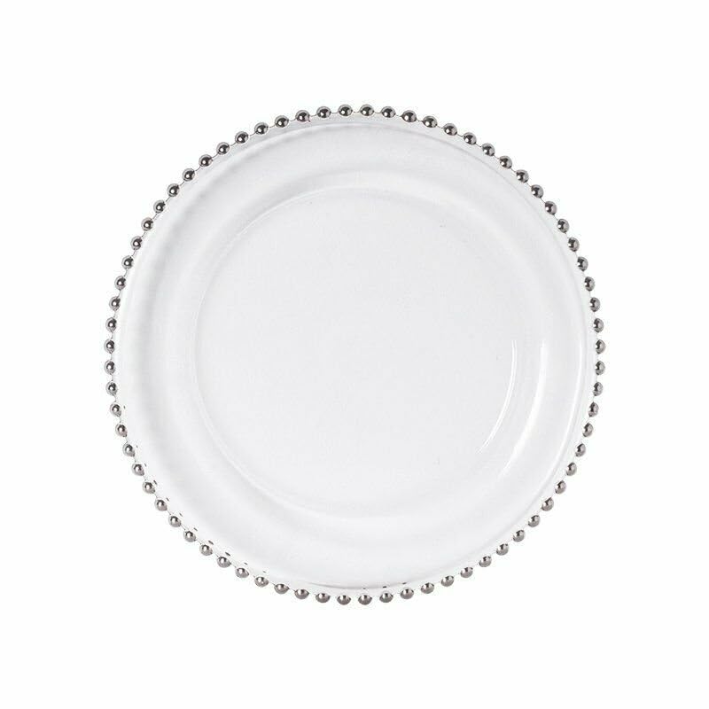 Elegant Event Essentials Beaded Charger Plate 33CM Diameter Delicate Rim Elegant Glass Under Plate with Beading Perfect for Weddings Dinner Parties Christmas and Special Events Durable Silver