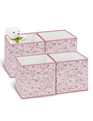 Image of DAMAHOME Collapsible Storage Cube Bins, 11 Inch Floral Cube Storage Bin, Fabric Cubby Organizer with Dual Handles and Tags For Nursery/Home Office/Closet/Kids Room/4-Pack(Flower Rosegold)