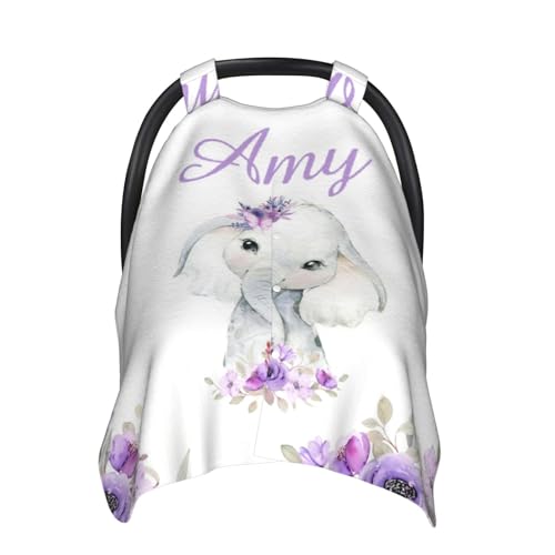 Image of Personalized Baby Car Seat Canopy for Babies with Name, Custom Elephant Purple Stroller Car Seat Covers for Girls, Minky Nursing Carseat Cover for Breastfeeding, Car Seat Canopies for Newborn