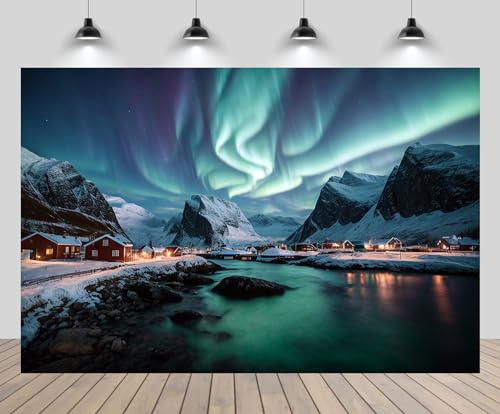 chnywork 9x6ft Winter Night Wonderland Backdrop Northern Lights Europe Norway Lofoten Islands Fishing Village Harbor Background European Norway Travel Party Decor Photo Studio Props Wallpaper