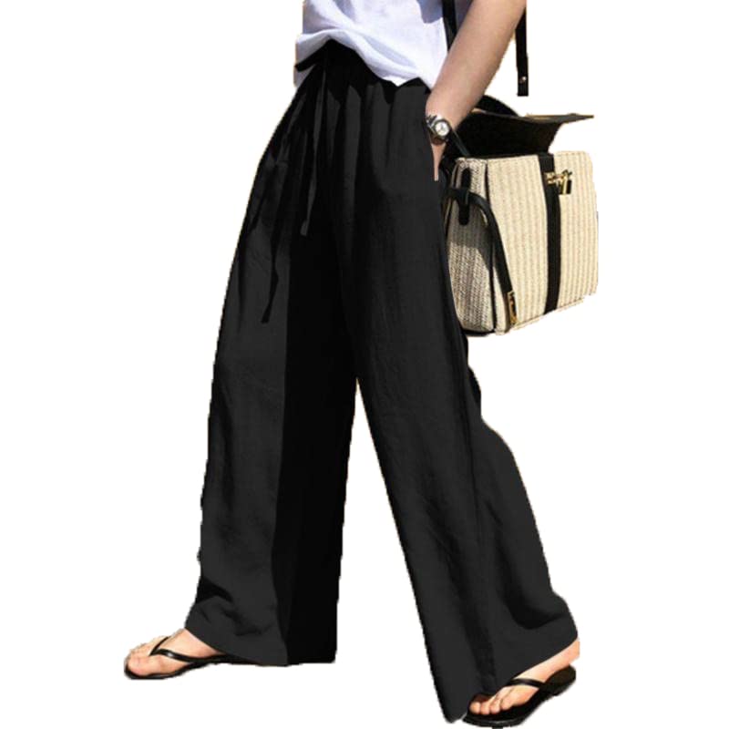 Akivide Wide Leg Linen Pants for Women High Waist Drawstring Summer Beach Casual Loose Cotton Palazzo Pants Pockets
