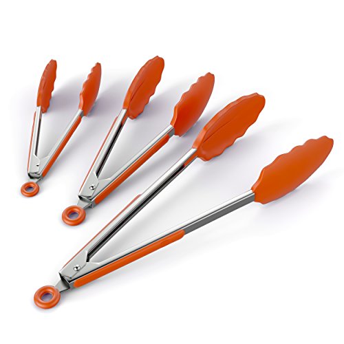 ChefStir Kitchen Tongs with Non Stick Silicone Tips – Stainless Steel, Heavy Duty, Multipurpose Set of 3 – 7, 9, 12 Inch – for Cooking, Baking and Grilling - Orange