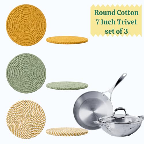 Image of Yellow Cotton Trivet Set of 3 for Dining Table, Centre Table, Side-Table, and Kitchen Countertop. Absorbent, Sturdy. Keep hot Pans and pots (18cms)