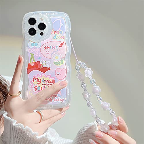 Custodia per iPhone 12 Pro con braccialetto di perle motivo floreale alla moda con onde graziosa bumper cover morbido per 12 Pro scarabocchiare silicone tpu fragola