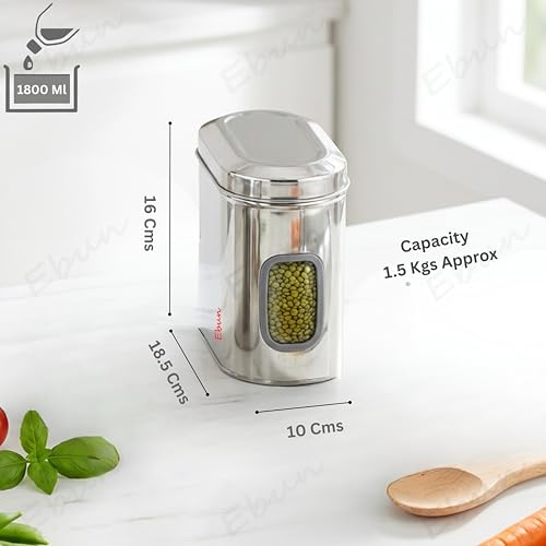 Image of Ebun Stainless Steel See Through Containers | Stainless Steel Container with Lid | Capsule Shape Steel Kitchen Containers Set | Steel Airtight Container | 1.5 Kgs Capacity Approx | Pack of 3