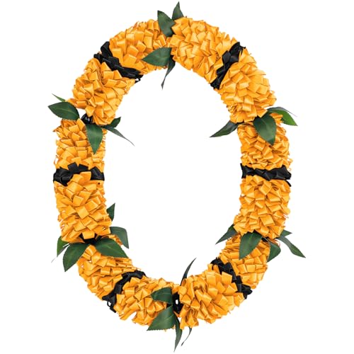 Knitgrip Graduation Leis Class of 2026 Grad Ribbon Leis Hawaiian Flower Garland with Kukui Nut Double Braided Hawaiian Kukui Nut Beads Necklace for Man Woman Graduation Party Supplies(Black Gold)