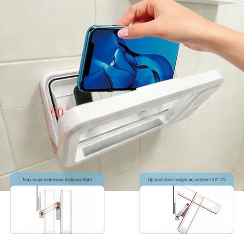 Image of Wall Mount Shower Phone Holder Waterproof,Bathroom Accessories,Waterproof Phone Case,Shower Phones Holder with Speaker,360 Rotation,Suction Cup Bathroom Case Mount Shelf (White)