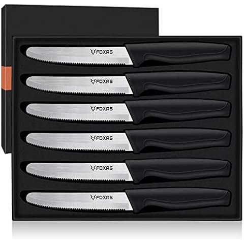 FOXAS Steakmesser 6er Set,11.5cm Runde Spitze Tafelmesser,Edelstahl Rostfrei Gezahnt Menümesser 6 stück Ultra scharfe Besteckmesser Cover