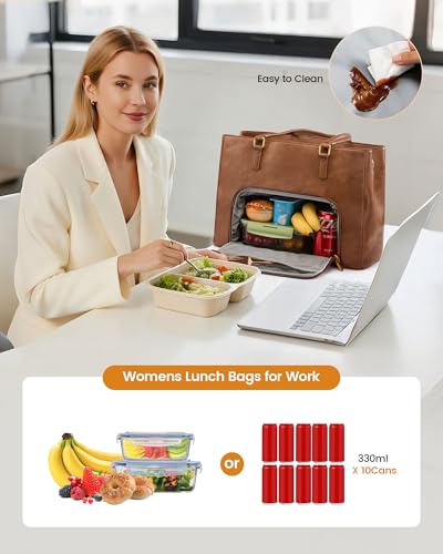 Image of LOVEVOOK Lunch Bag for Women, Leather Work Laptop Tote Bag with Insulated Lunch Compartment&Cup Holder, 15.6 Inch 2 in 1 Lunch Tote for Business, Teacher, Nurse, Office, College, Casual
