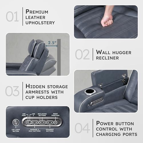 Lexicon Power Double Reclining Loveseat, Center Console/Heat/Massage/Headrest/Storage Arms/Cup Holders/LED Lights/Wireless Speaker, Top Grain Leather - image 3