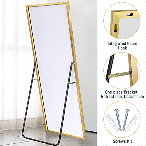 Image of NeuType 71 inchx24 inch Full Length Mirror with Standing Holder Aluminum Alloy Frame Floor Mirror Wall-Mounted Mirror for Living Room, Bedroom, Hanging or Leaning Against Wall, Golden (with Stand)