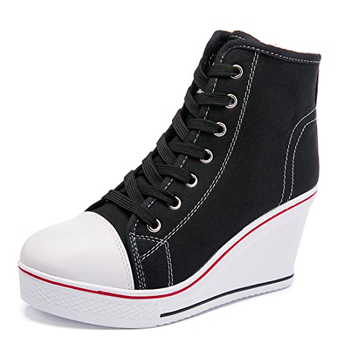 Womens Lace Up Heel Sneakers, Platform Wedge Sneakers Ankle Booties with Zipper Casual Canvas Fashion Sneaker for Girls