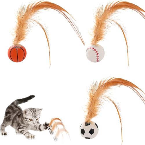 Pelotas de juguete de goma para gatos, juguete de dentición de entretenimiento con plumas para interacción en interiores y exteriores, entrenamiento de masticación, caza y ejercicio