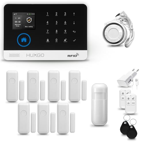 HUXGO® HXA003 Funk Alarmanlage Set WiFi + GSM 4G mit Sirene | Alarm System mit Bewegungsmelder, 7X Tür- Fenstersensor, Fernbedienung | Wohnmobil Alarmanlage | Smart Home Security