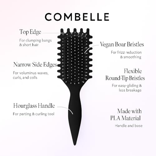 Image of Combelle 5-in-1 Curl Hair Brush, Vegan Boar Bristles, Bio-Baked PLA Handle, Detangling and Frizz Control for Curly Hair (Black)