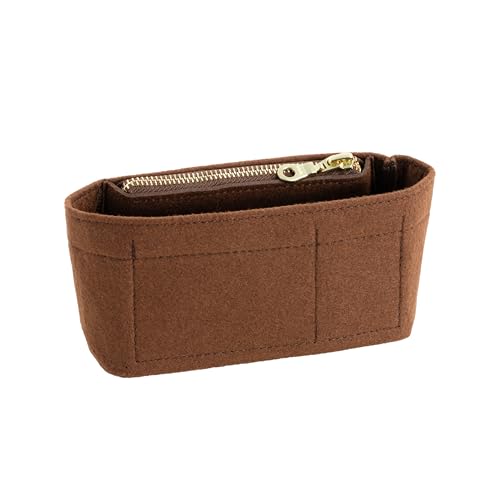 Image of Mini Purse Organizer Insert for Longchamp Le Pliage Small Tote - Felt Inner Bag Liner with Zipper Pocket, Lightweight Storage for Mini Handbags, Brown