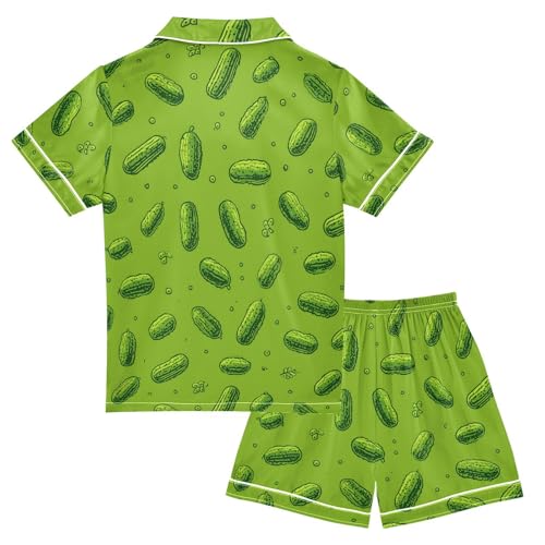 Satin Pajama Sets Short Sleeve Pickle Pattern on Green Background Button Down Silky Nightwear 2 Piece PJS 5-14Y2