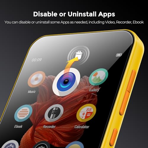 TIMMKOO 72GB MP3 Player with Bluetooth, 4.0\" Full Touchscreen Mp4 Mp3 Player with Speaker, Portable HiFi Sound MP3 Player with Bluetooth, Voice Recorder, E-Book, Supports up to 512GB TF Card (Yellow)