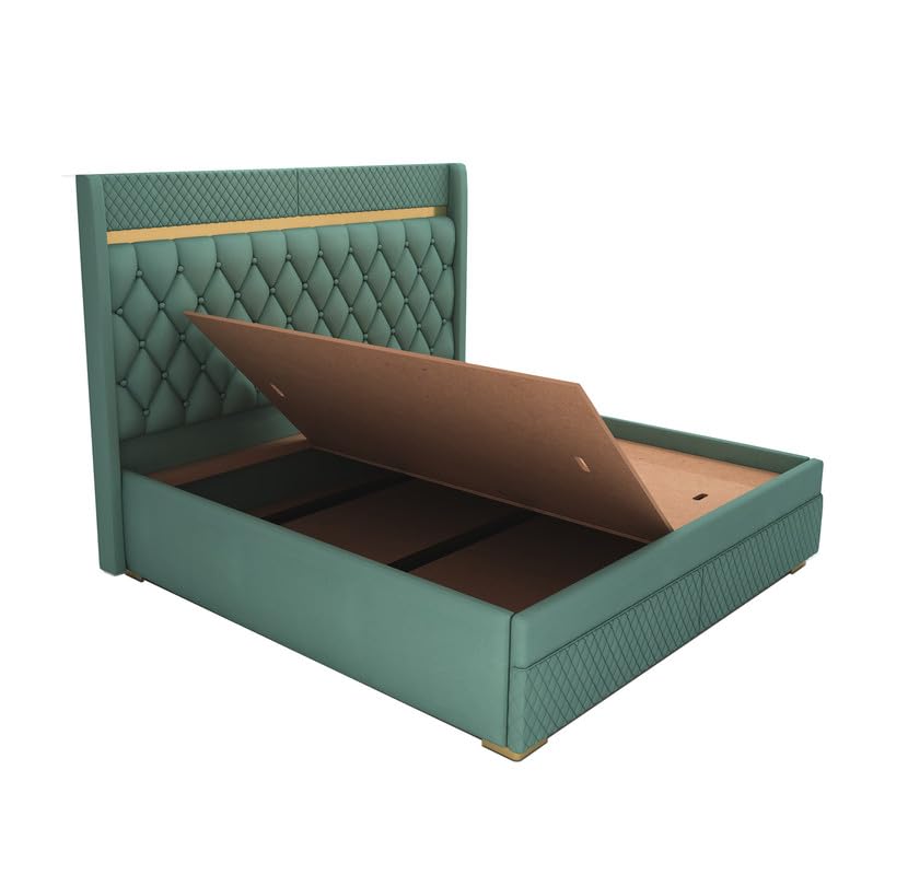 Image of MAMTA DECORATION Solid Wood King Size Bed with Box Storage | Premium Velvet Upholstered Tufted Headboard Palang Cot Bed | Modern Wooden Double Bed for Bedroom, Home, Hotel & Guest Room | Greendust