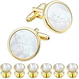 HAWSON Mother of Pearl Man Tuxedo Shirt Studs and Cufflinks Set for Wedding Business (Silver or Gold Tone)