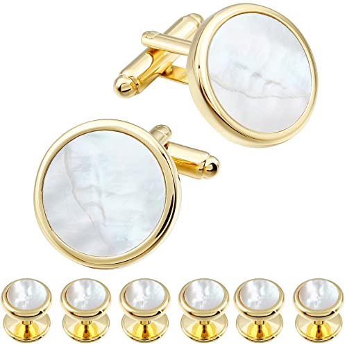 HAWSON Mother of Pearl Man Tuxedo Shirt Studs and Cufflinks Set for Wedding Business (Silver or Gold Tone)