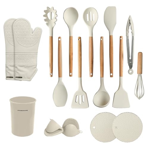 OVENTE Silicone Cooking Utensils Set, 17pcs Heat Resistant Kitchen Tools and Gadgets for Nonstick Cookware, BPA Free Spatula Set with Wooden Handle, Cup Holder, Oven Gloves and Hot Pads, Cream SPS17CR by OVENTE - Used condition - US$14.01