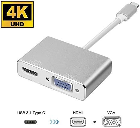 USB C To HDMI 4K VGA Adapter, HuDieM USB 3.1 Type C USB-C to VGA HDMI Video Converters Adaptor for 2017/2016 Macbook/ Chromebook Pixel/ Lenovo 900/ Dell XPS/ Samsung Galaxy S8/S8 Plus, Silver