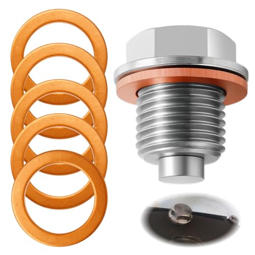 1 pezzo Vite di scarico olio magnetica, dado scarico coppa con guarnizione magnetica, vite di scarico in acciaio inox M14x1.5, con 5 guarnizioni in rame, riutilizzabile per cambio olio motore