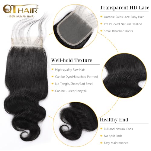 QTHAIR 18A Brazilian Body Wave Human Hair Lace Closure(20" Free Part Natural Black) 100% Unprocessed Brazilian Body Wave Virgin Hair Swiss Lace Closure 150% Density 4x4 Closure